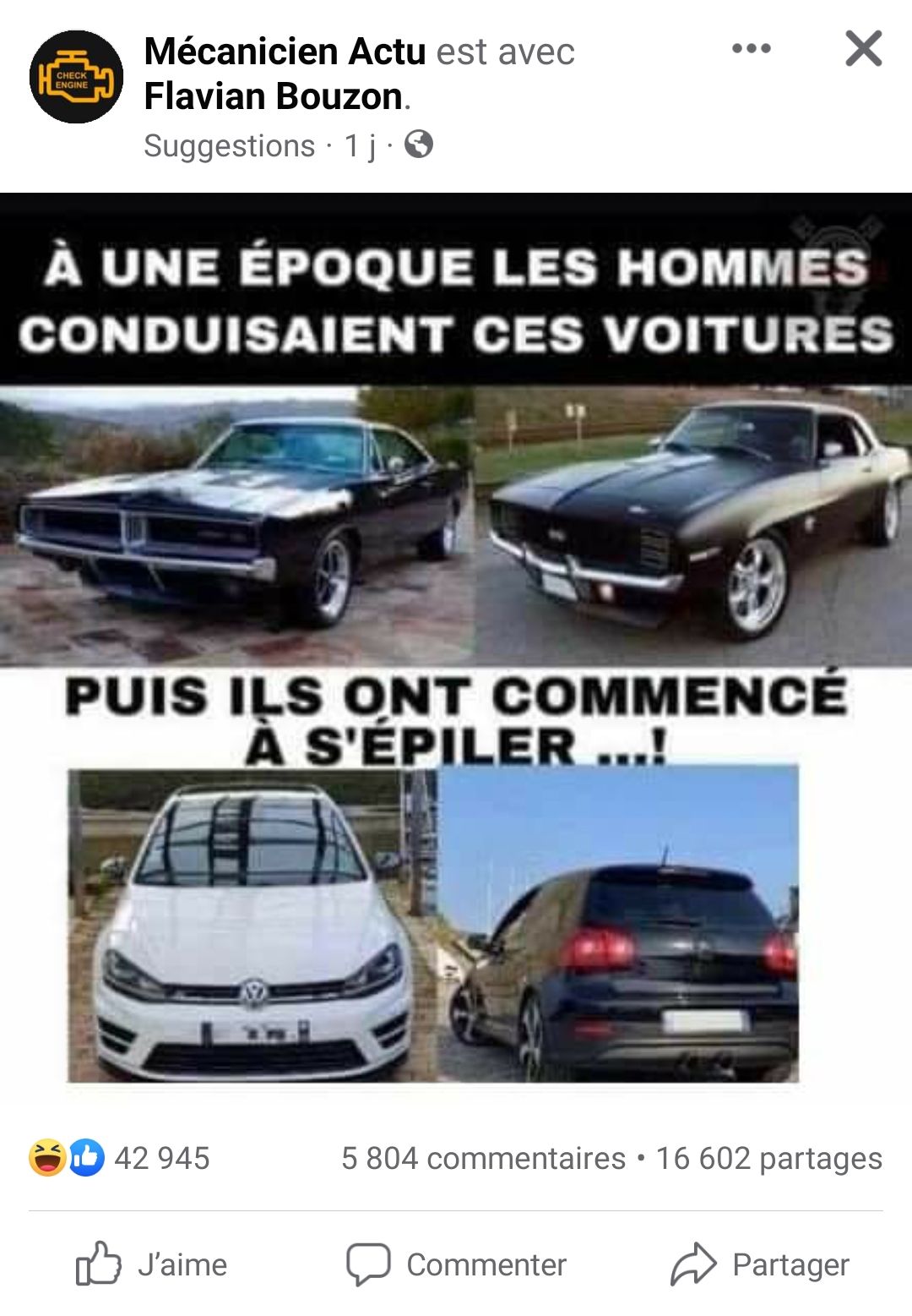 A crappy meme about cars, old cars are viril, modern cars are compared to waxed people