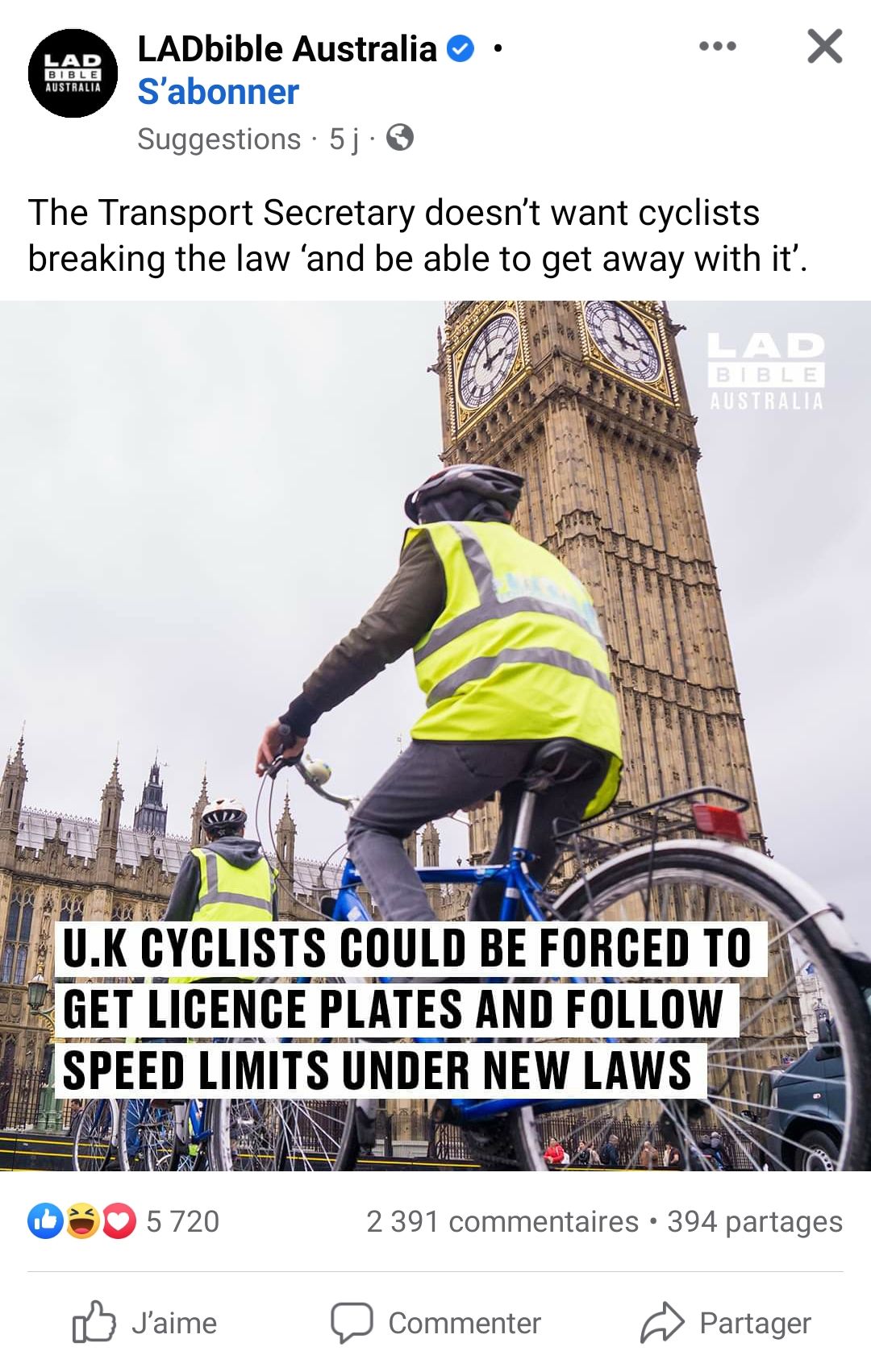 A facebook post with a picture a cyclist near Big Ben in London