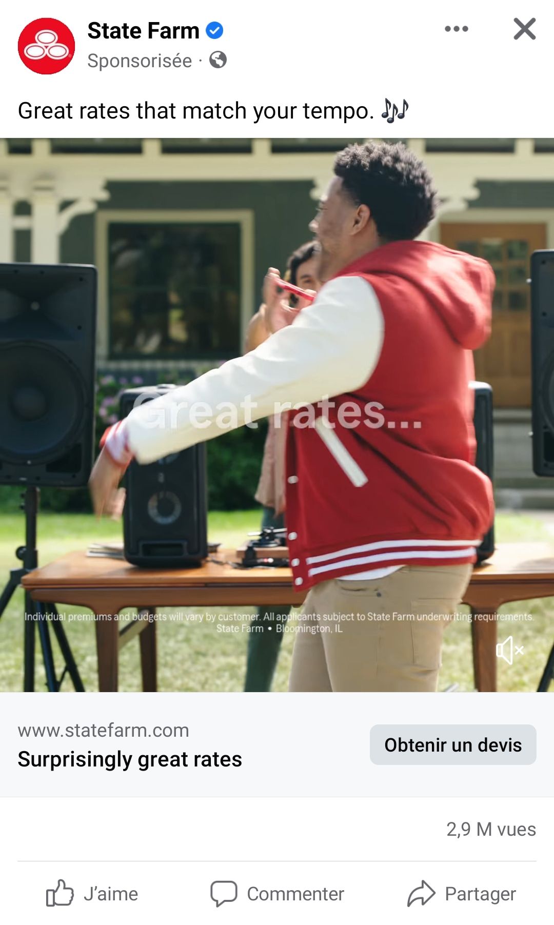 Sponsored facebook post of state farm showing a young man dancing in a backyard