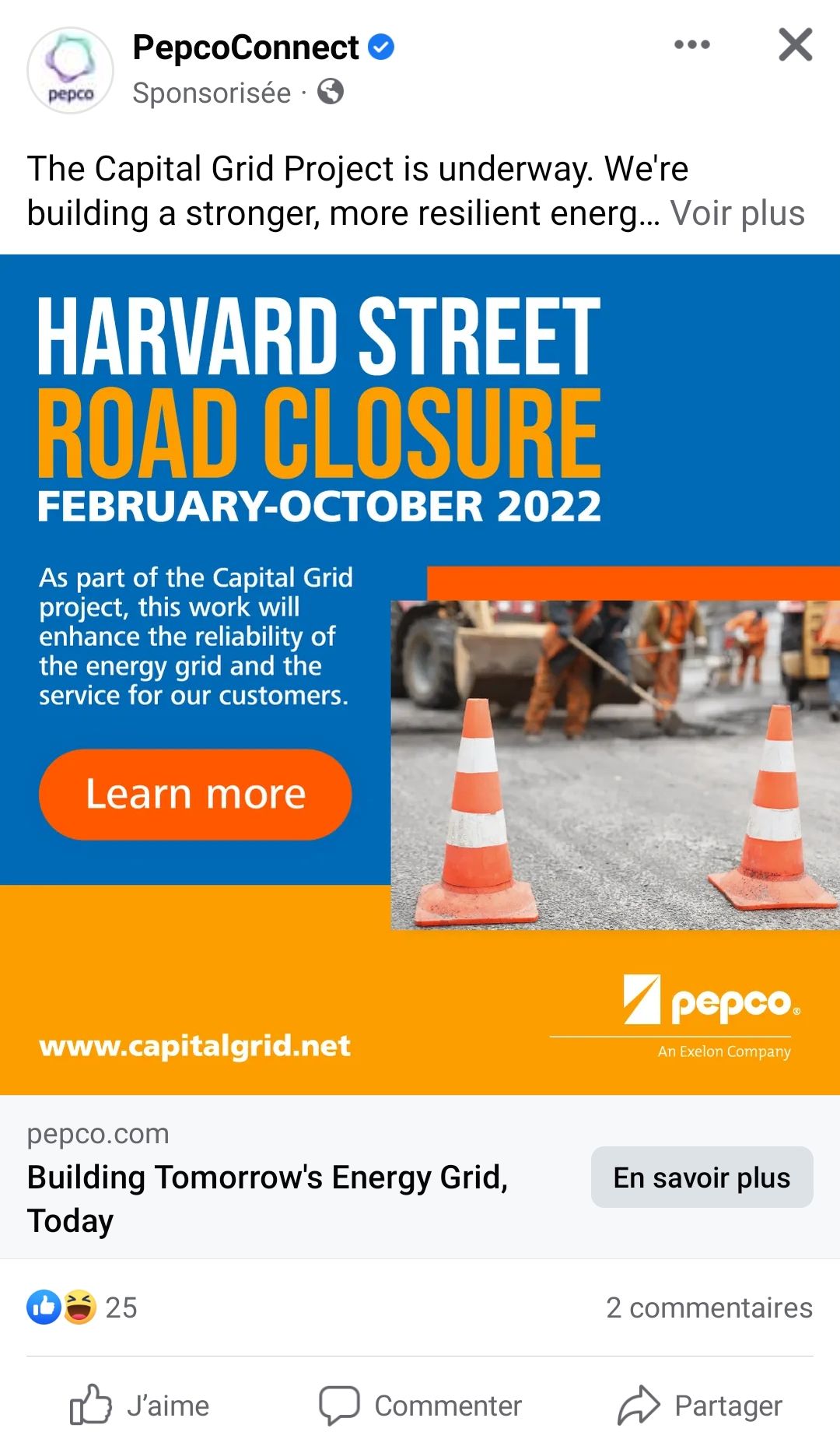Screenshot of a facebook post from Pepco about road closures