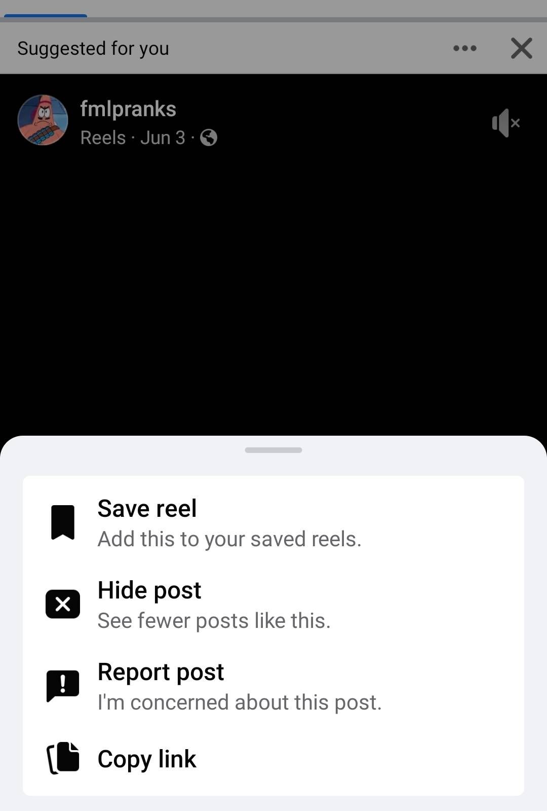 facebook menu with 4 actions: save, hide or report a post
